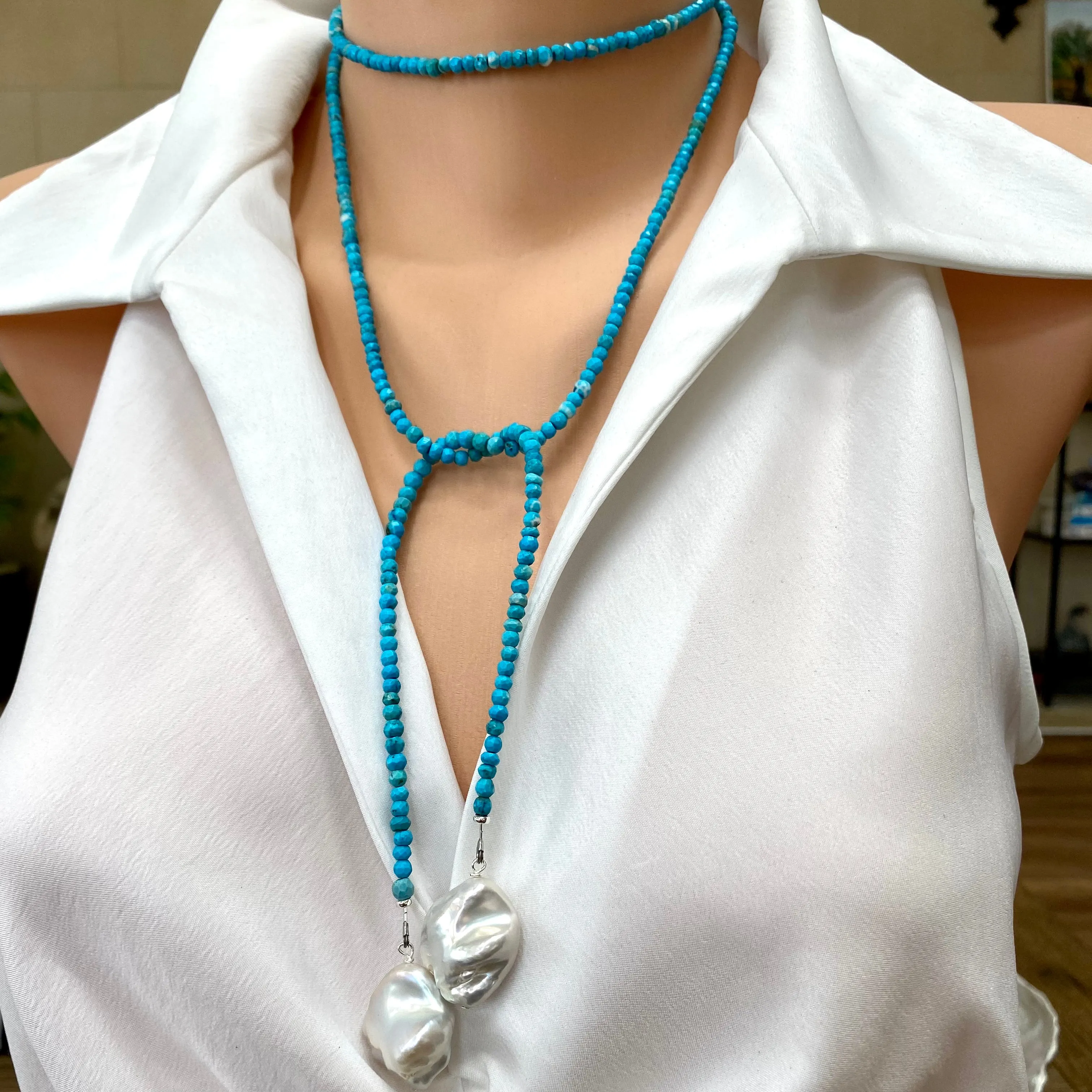 Turquoise Rondelle Beads & Two Baroque Pearls Lariat Wrap Necklace, Sterling Silver, December Birthstone 44inches