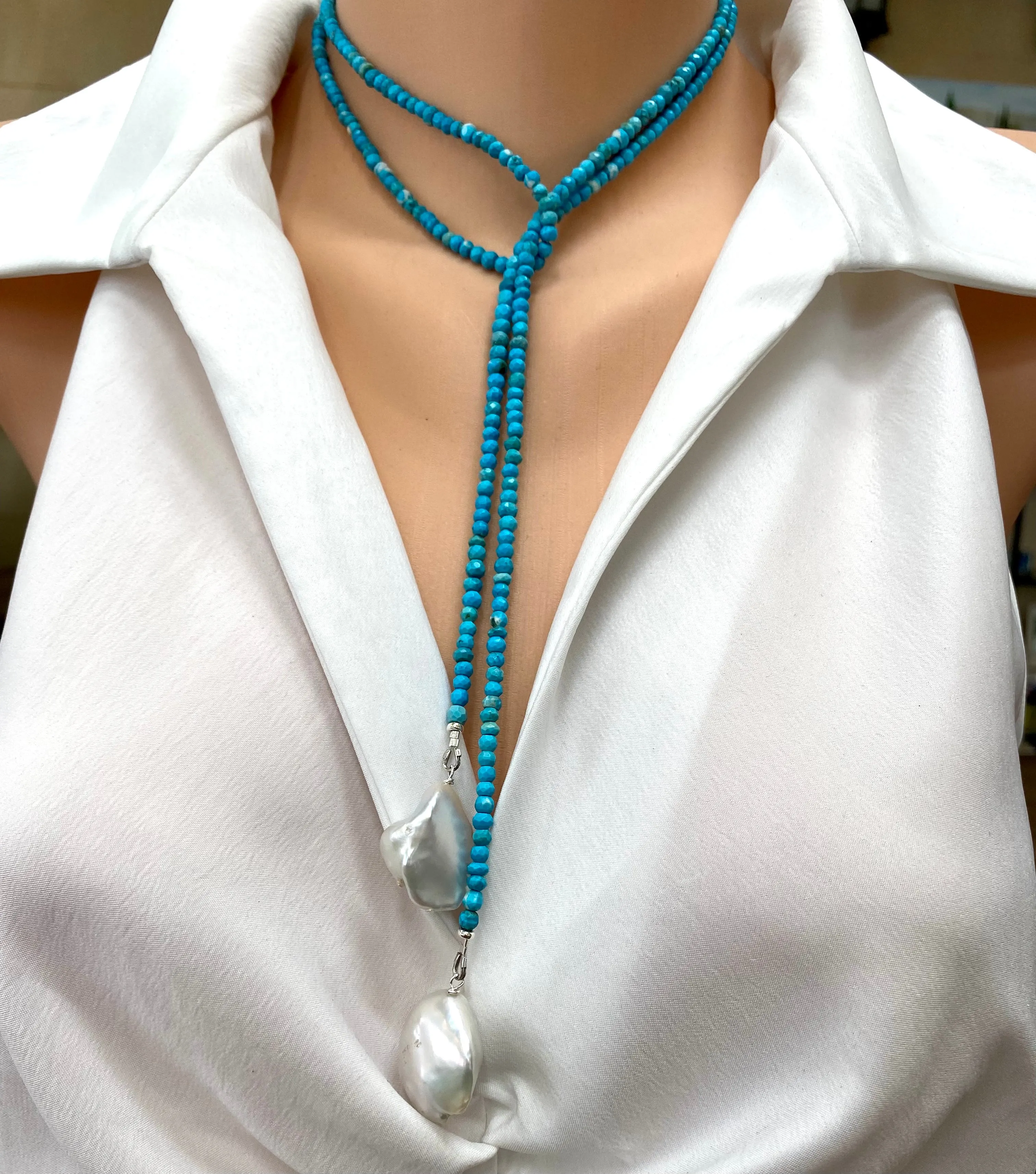 Turquoise Rondelle Beads & Two Baroque Pearls Lariat Wrap Necklace, Sterling Silver, December Birthstone 44inches