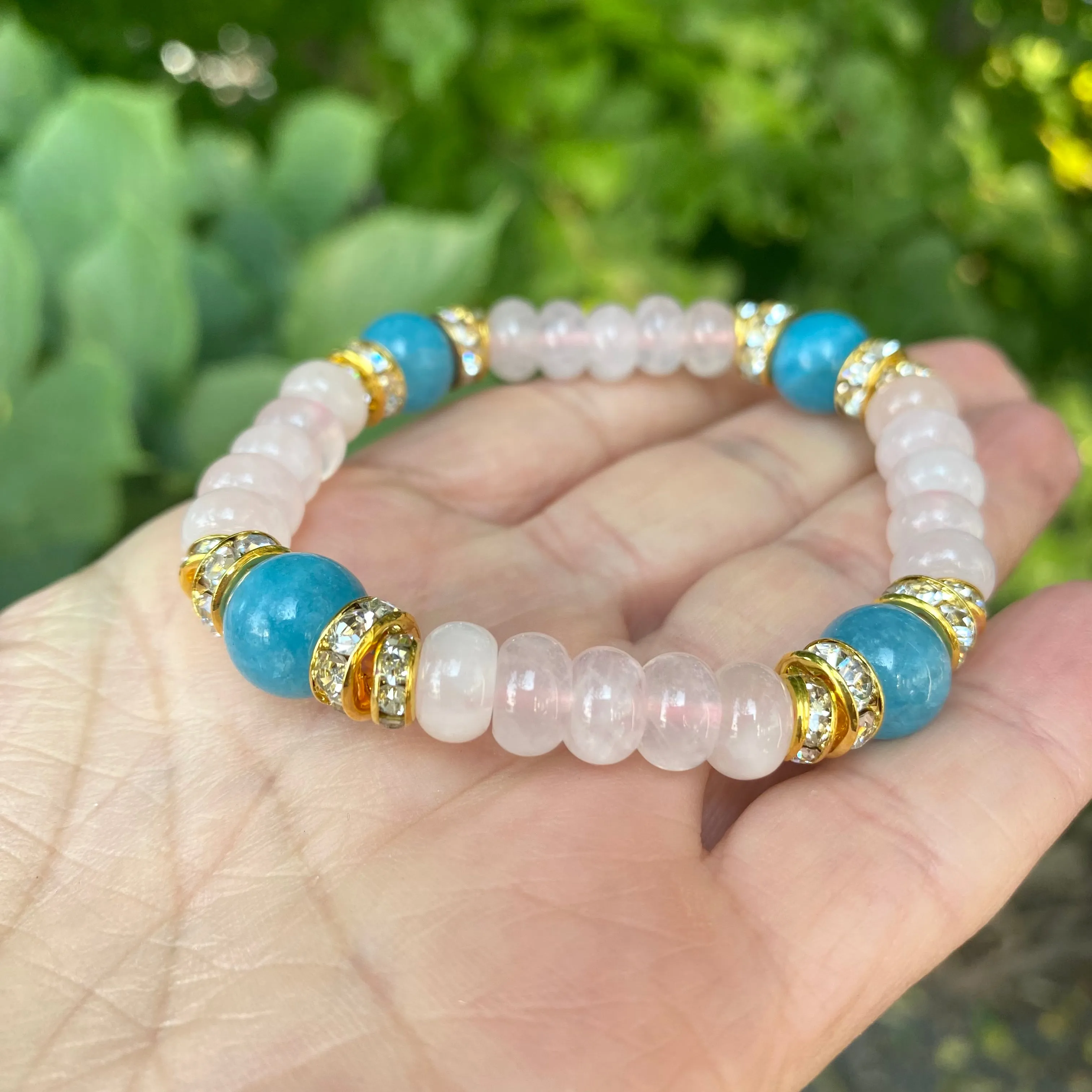 Vibrant Blue Sponge & Rose Quartz Stretchy Bracelet with Pearls and Sparkly Rhinestones, Sold separately