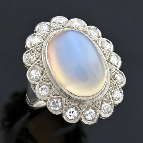 Victorian Revival Retro 14kt Large Moonstone Diamond Cluster Ring