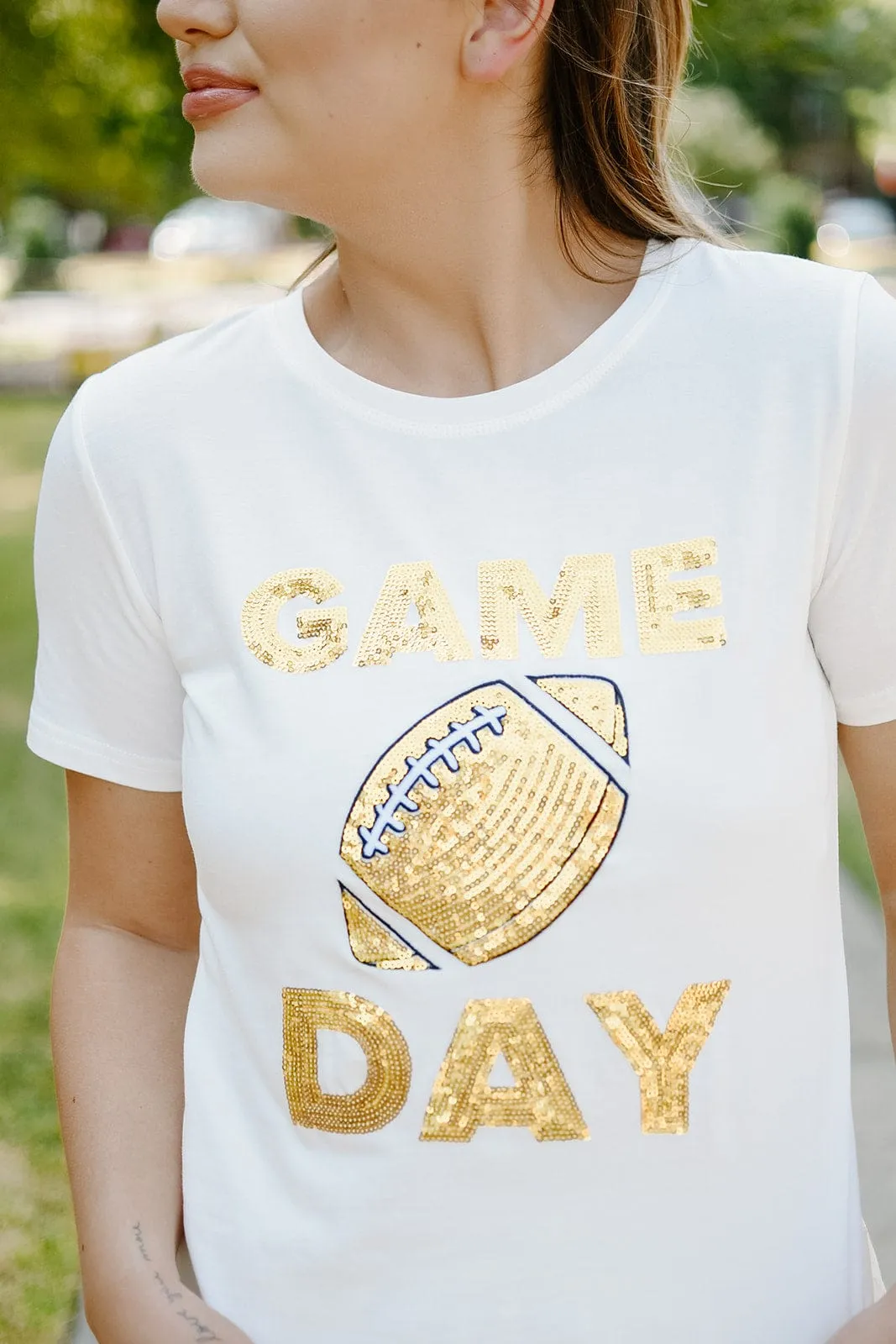 White Sequin Football Tee